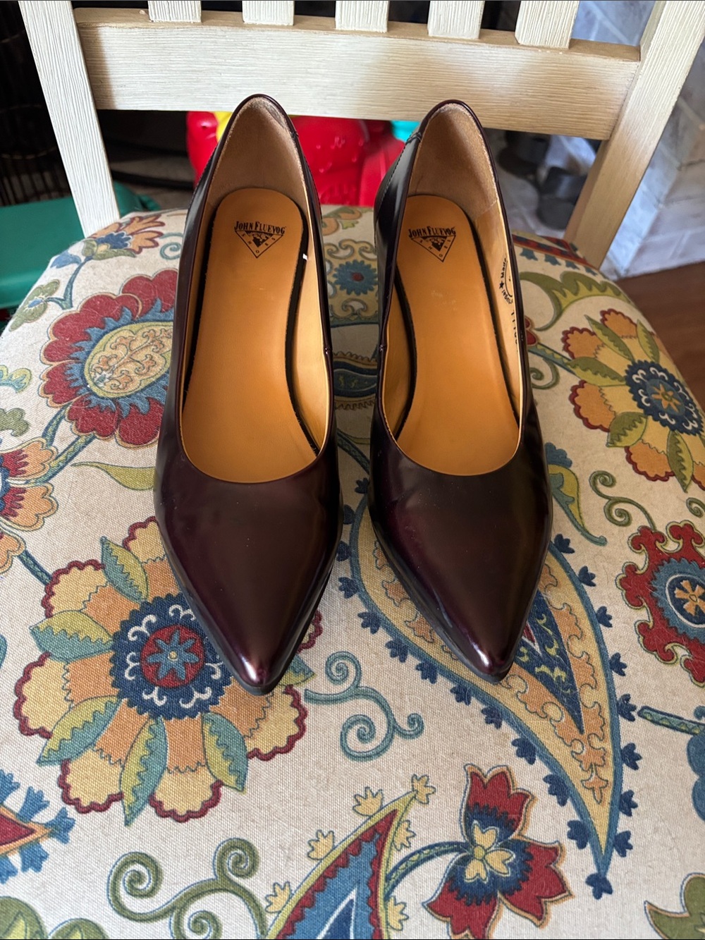 John Fluevog Patent Pointed Toe Pumps in Deep Burgundy Brown Sz 9